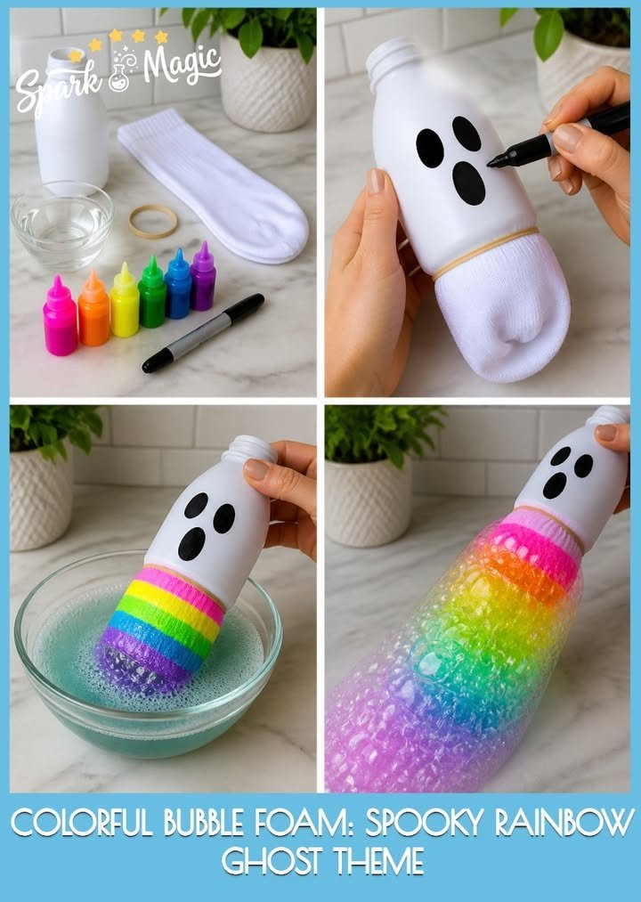 Bright Bubble Foam Science: Rainbow Ghost-Themed STEM Activity for Kids