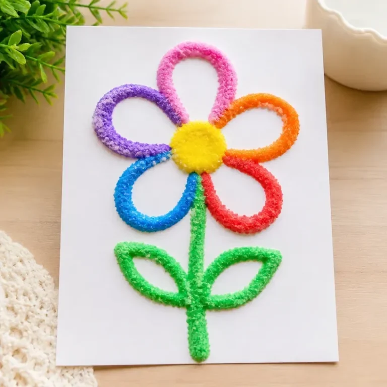Colorful 3D raised salt painting created by kids, showcasing textured artwork.