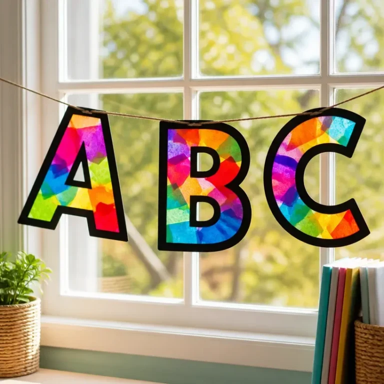 Bright colorful alphabet garland hanging in a window for kids' room