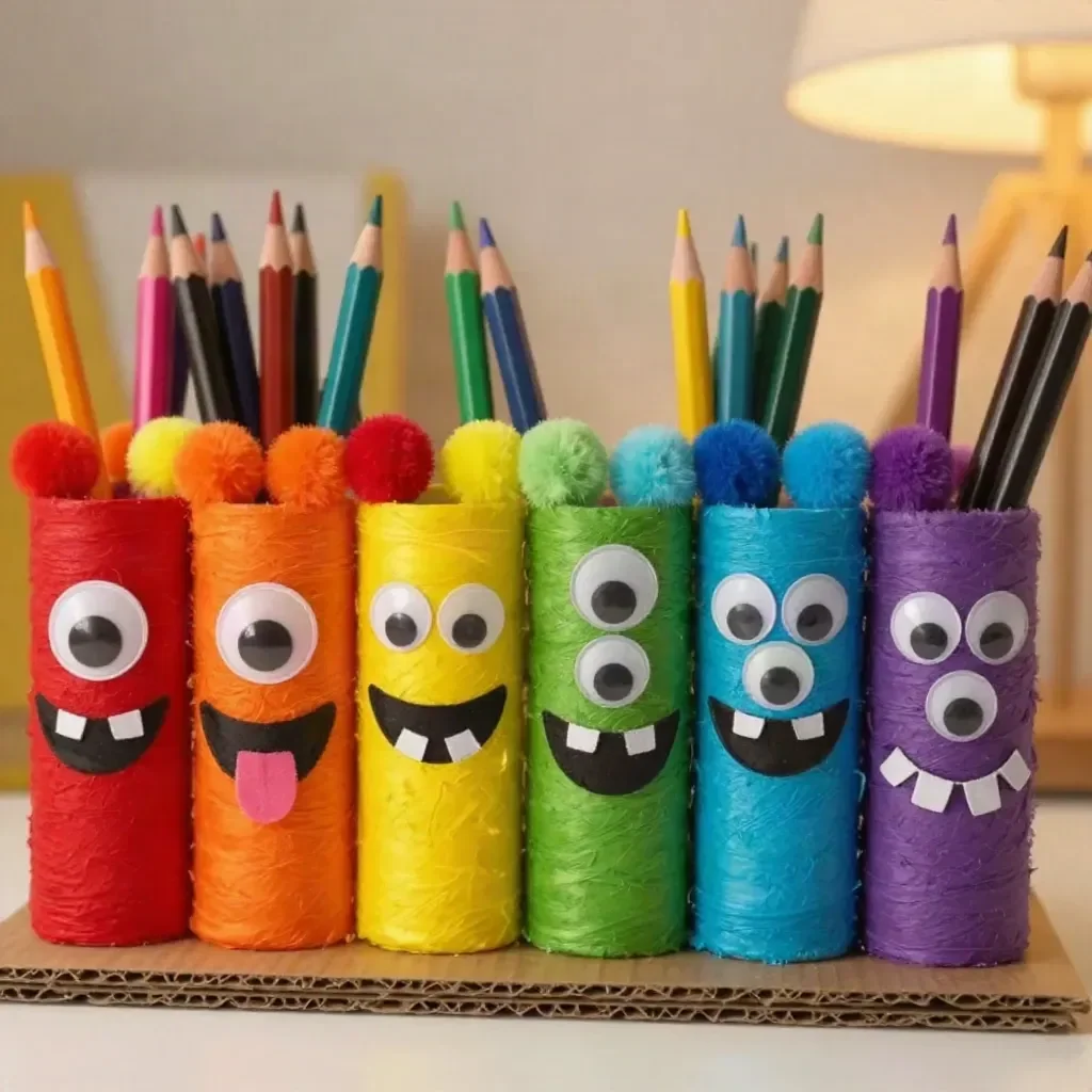 Colorful rainbow monster pencil holder for kids desk organization.