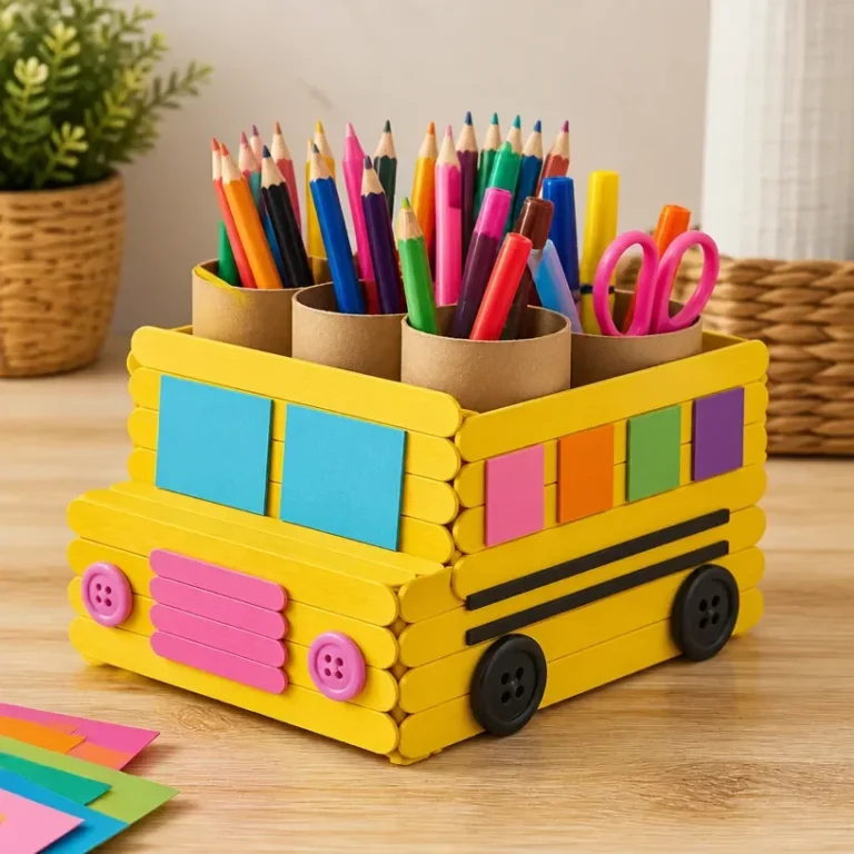 Colorful school bus organizer made from popsicle sticks for kids' supplies