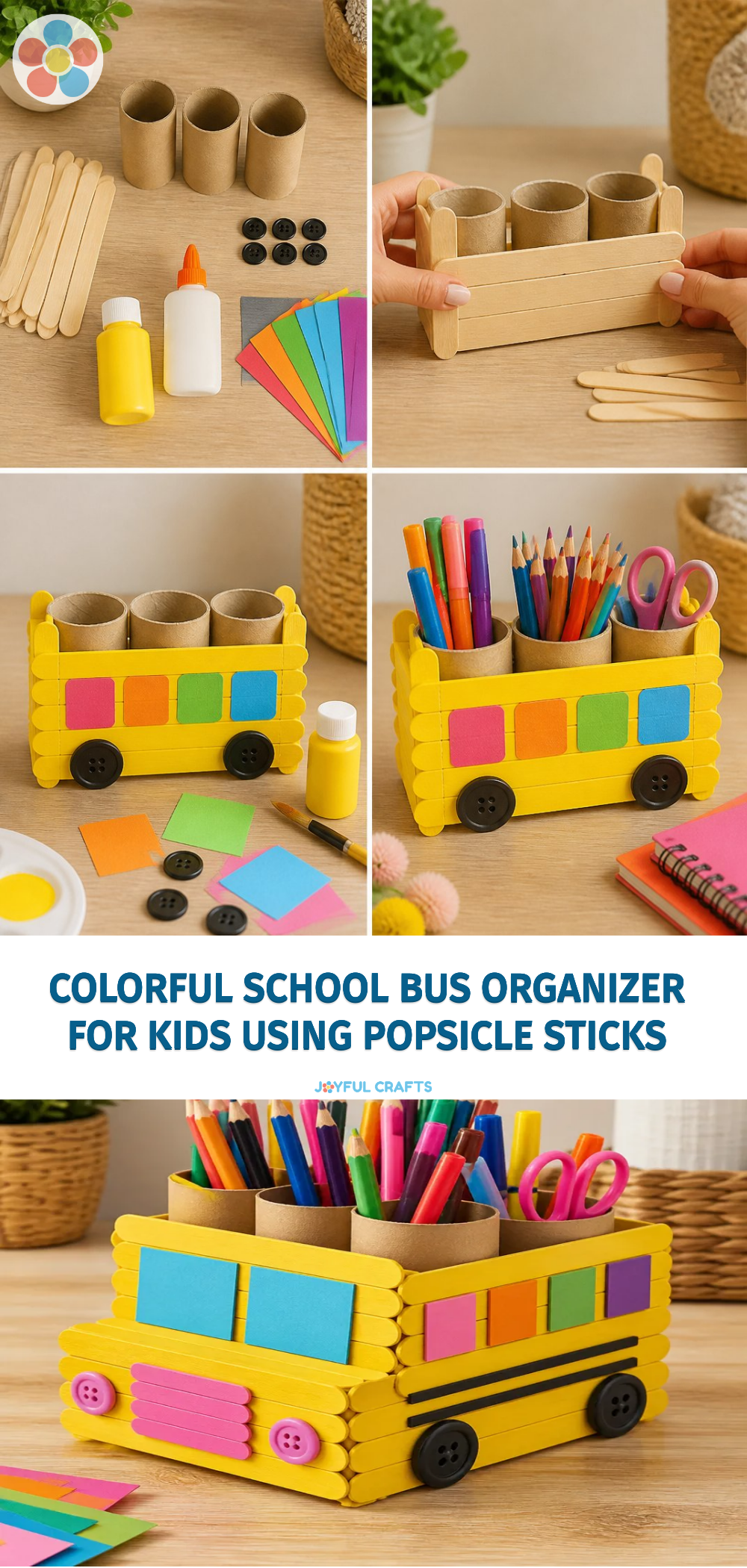 Colorful School Bus Organizer for Kids Using Popsicle Sticks
