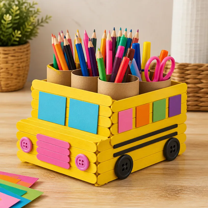 Colorful School Bus Organizer for Kids Using Popsicle Sticks