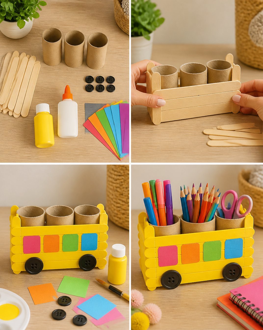 Colorful School Bus Organizer for Kids Using Popsicle Sticks