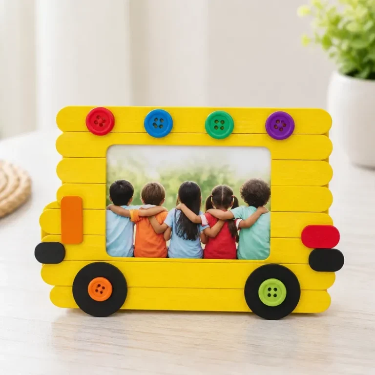 Colorful school bus craft photo frame created by kids