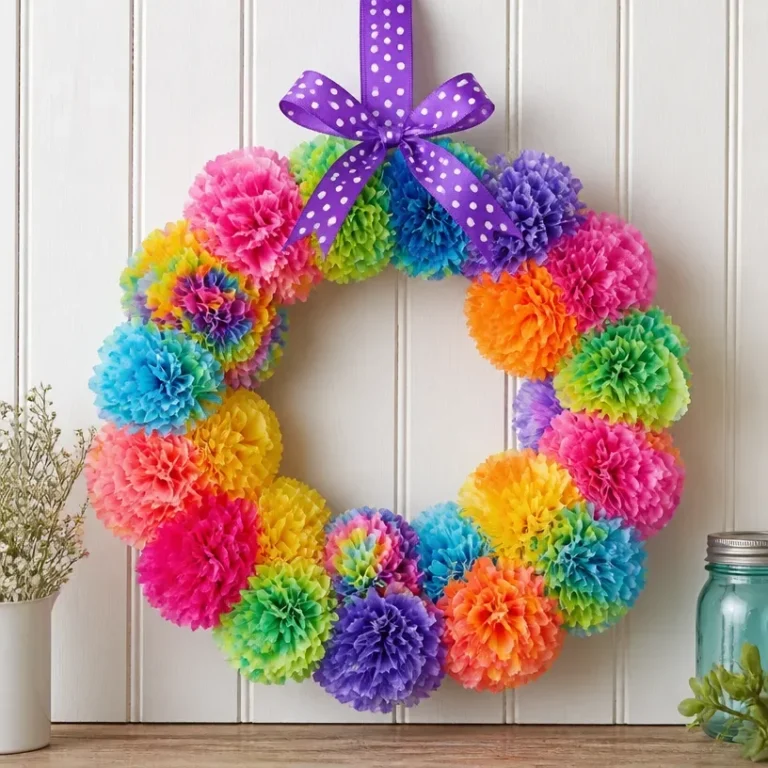Colorful DIY coffee filter flower wreath for home decor
