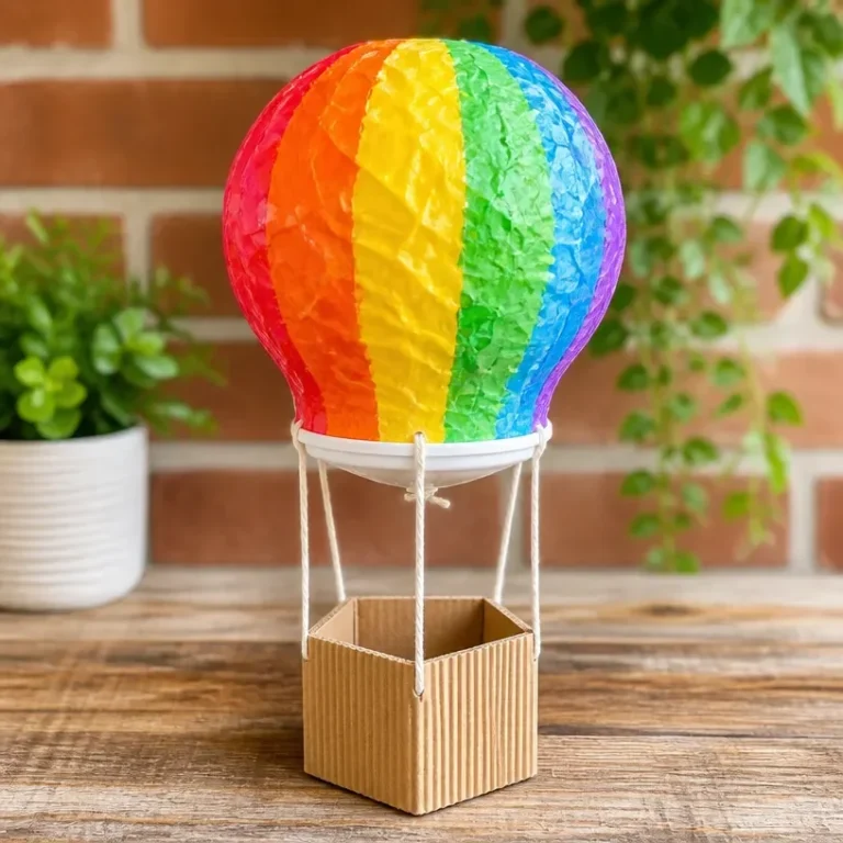 Colorful DIY rainbow tissue paper balloons for kids' craft project.