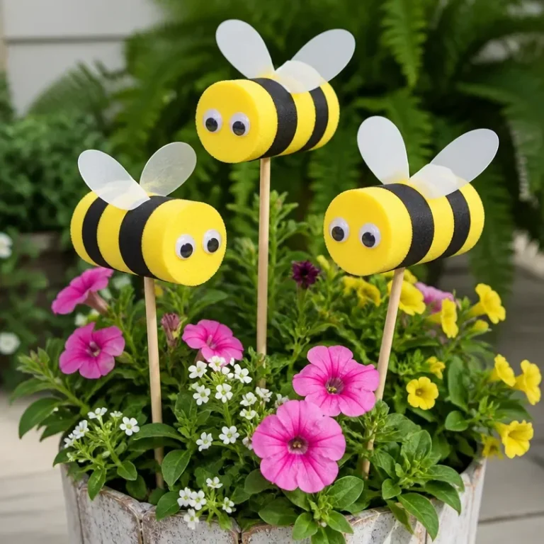 DIY pool noodle bee garden stakes for colorful outdoor decoration