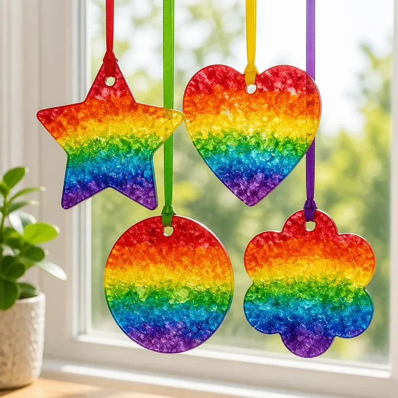 DIY melted rainbow crayon suncatcher craft for kids with colorful designs.