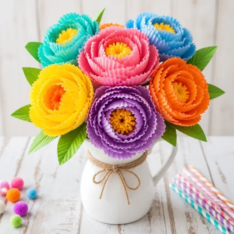 Creative peony bouquet made from vibrant rainbow cupcake liners