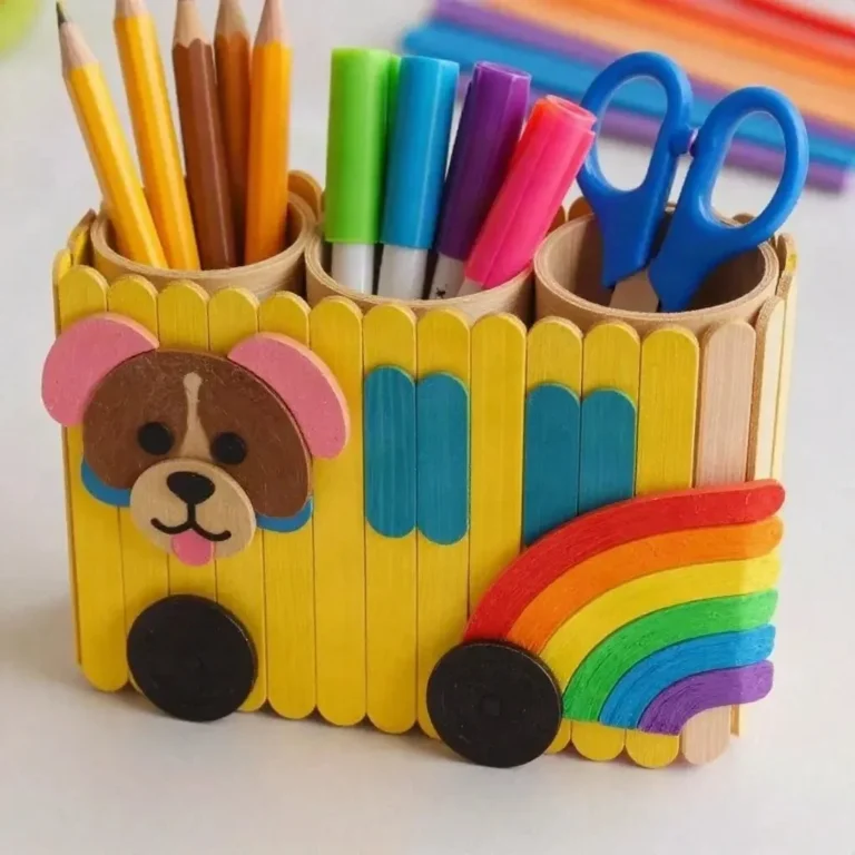 Popsicle-Stick Organizer craft featuring a rainbow puppy school bus for kids