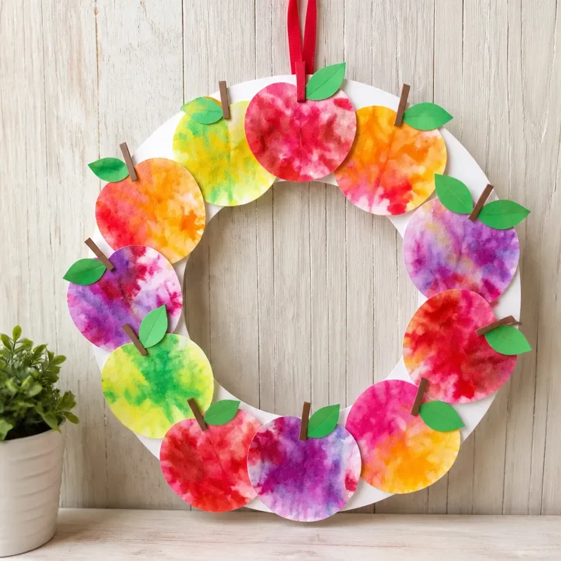 Vibrant Rainbow Coffee Filter Apple Wreath for home decor