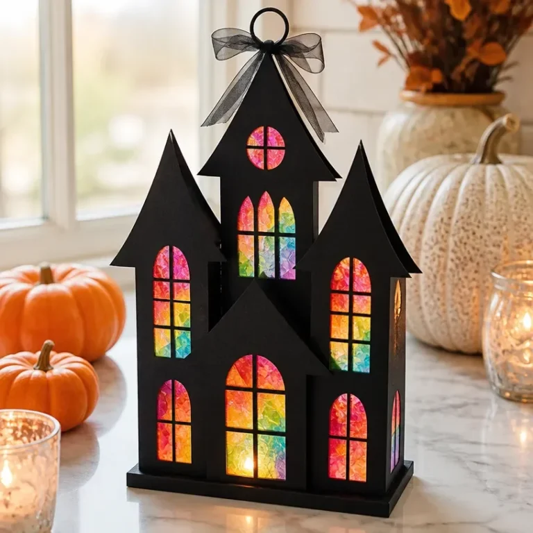 Rainbow crayon window art design for Halloween decor at a haunted house.