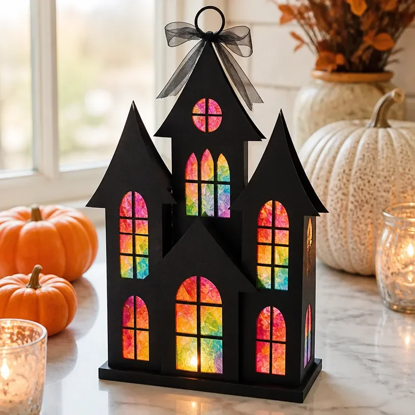 Rainbow crayon window art design for Halloween decor at a haunted house.