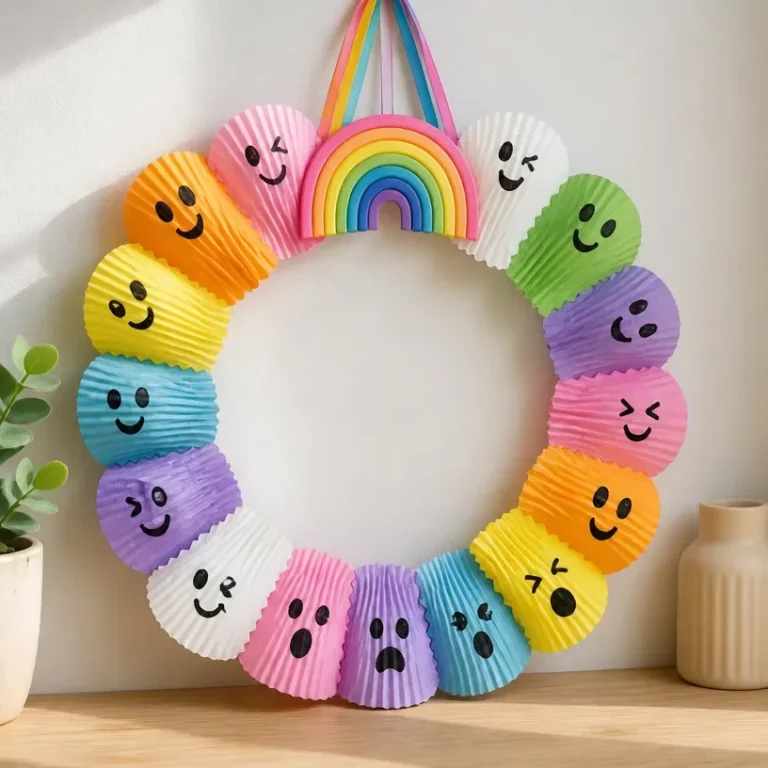 Rainbow cupcake liners used to create Halloween Ghost Wreath decoration.