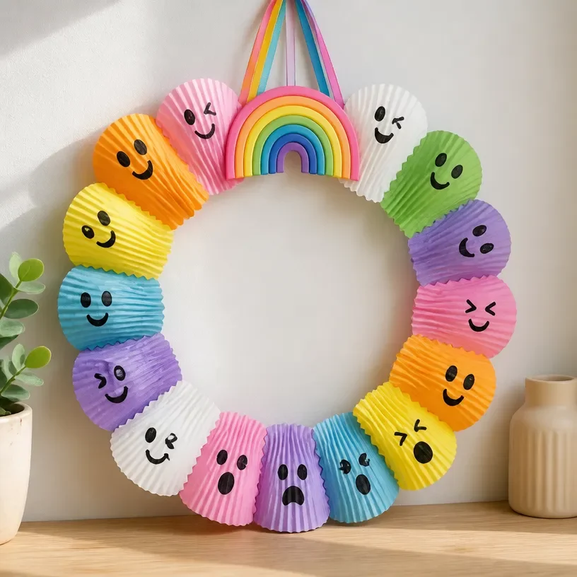 Rainbow cupcake liners used to create Halloween Ghost Wreath decoration.