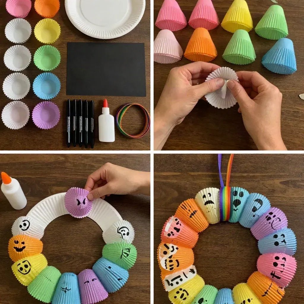 Rainbow-Themed Ghost Wreath DIY Using Cupcake Liners