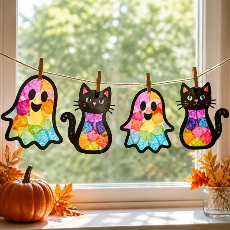 Rainbow Ghost Kitten Suncatcher Garland hanging in a window
