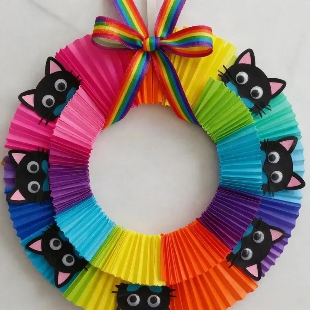 Colorful Rainbow Kitten Cupcake-Liner Wreath for festive decoration