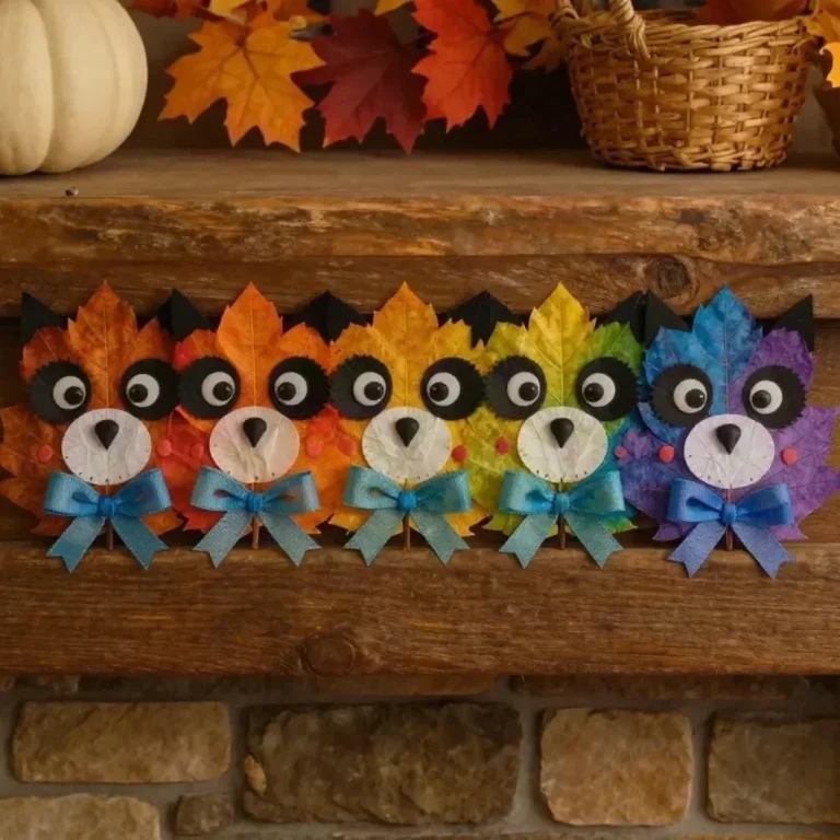 Kids crafting a colorful Rainbow Panda using fall leaves for a fun panda craft activity.