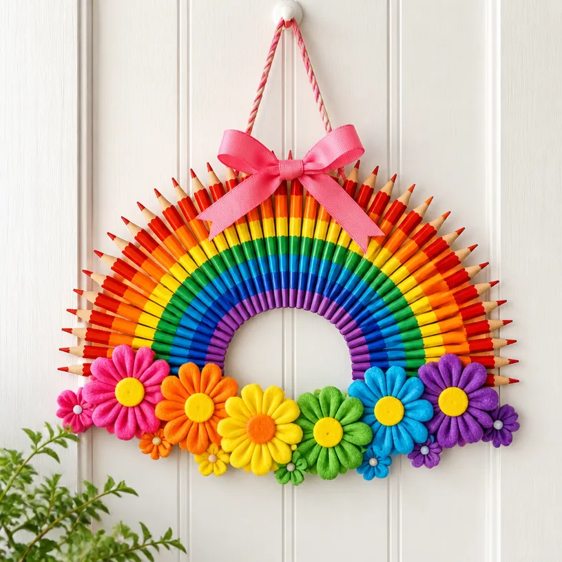 DIY Rainbow Pencil Wreath for the First Day of School
