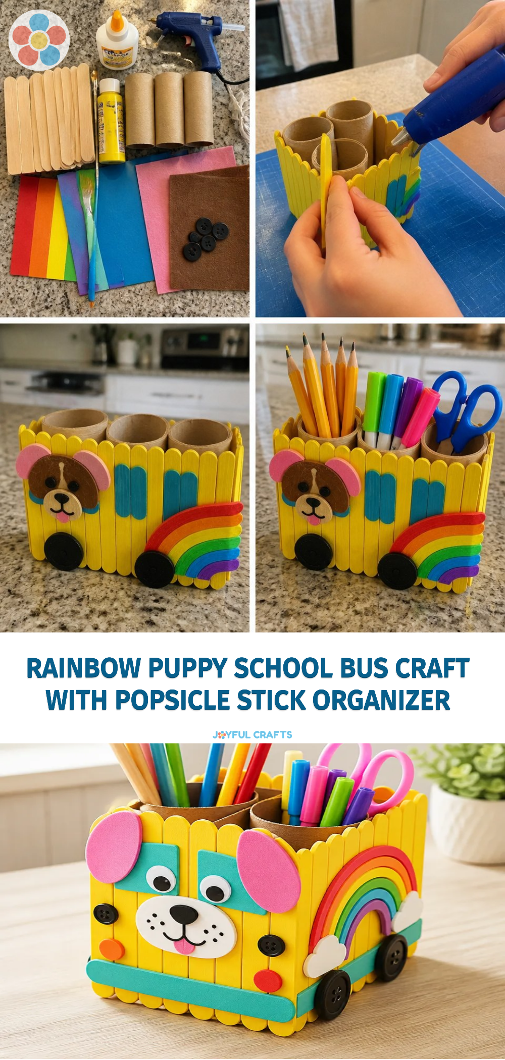Rainbow Puppy School Bus Craft With Popsicle Stick Organizer