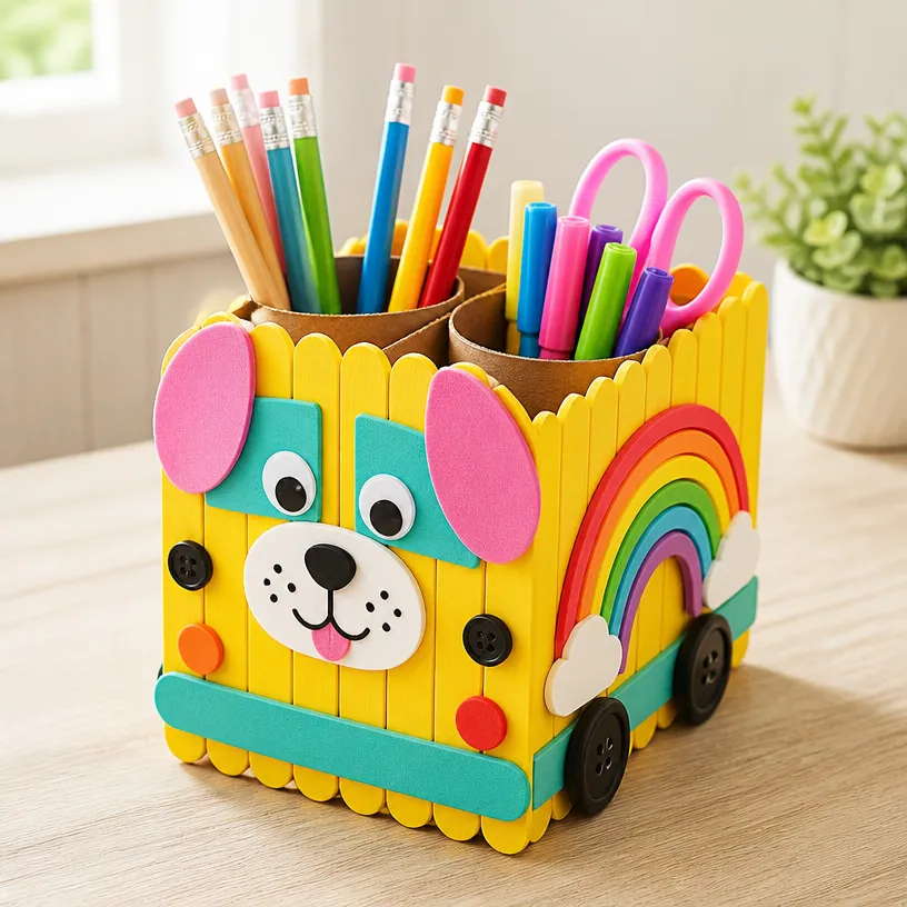 Kids DIY: Rainbow Puppy School Bus Craft with a Popsicle Stick Organizer