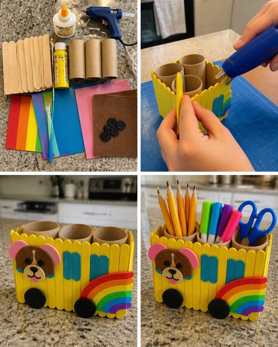 Kids DIY: Rainbow Puppy School Bus Craft with a Popsicle Stick Organizer