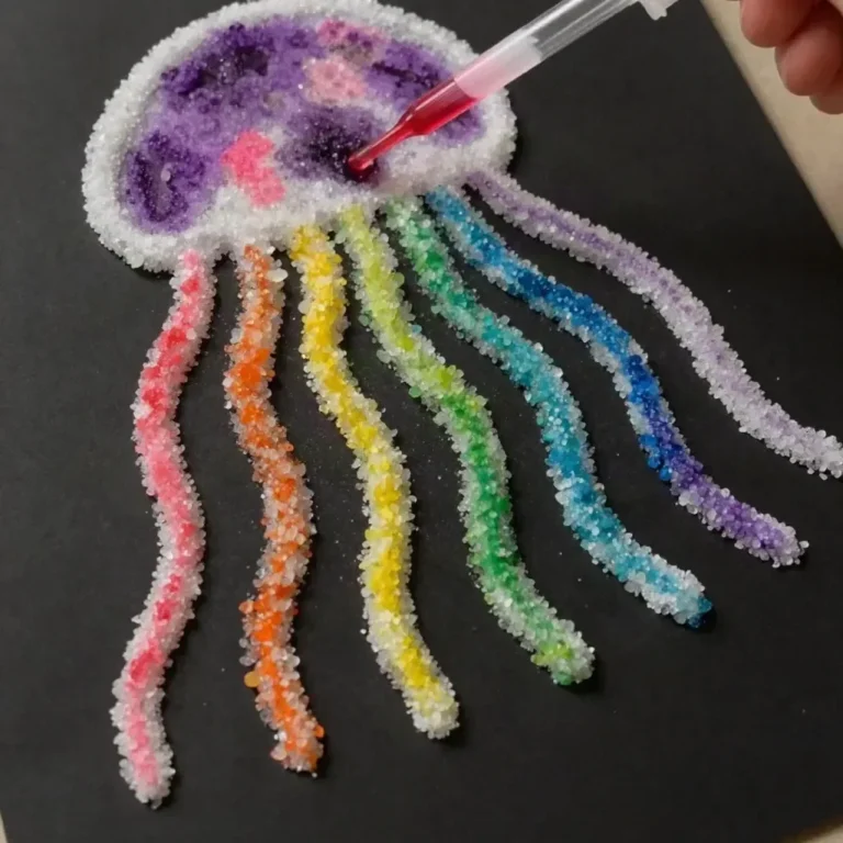 Colorful rainbow salt painting of a jellyfish craft for kids