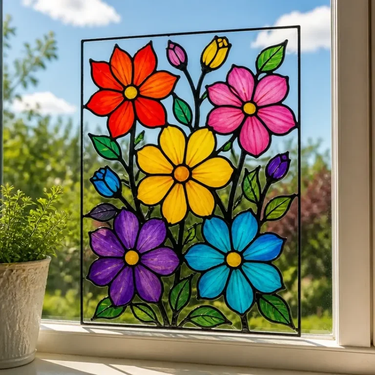 Rainbow stained glass flower window panel showcasing colorful patterns