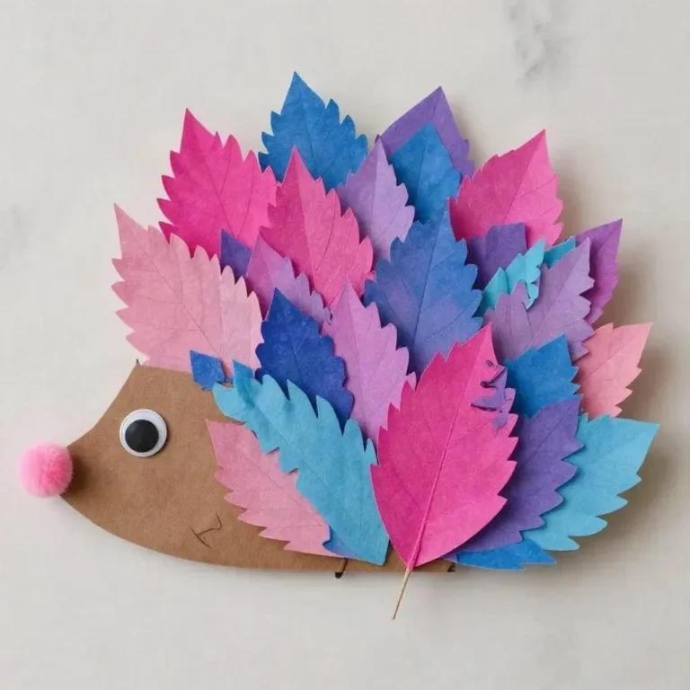 Colorful rainbow watercolor leaf hedgehog craft for kids