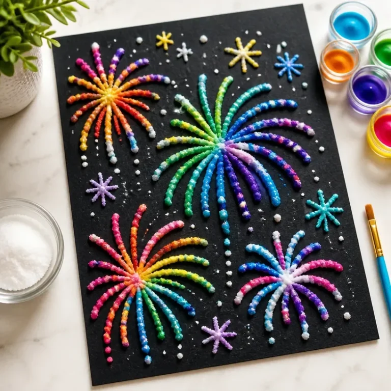 Colorful textured watercolor salt art project for kids using glue-and-salt technique