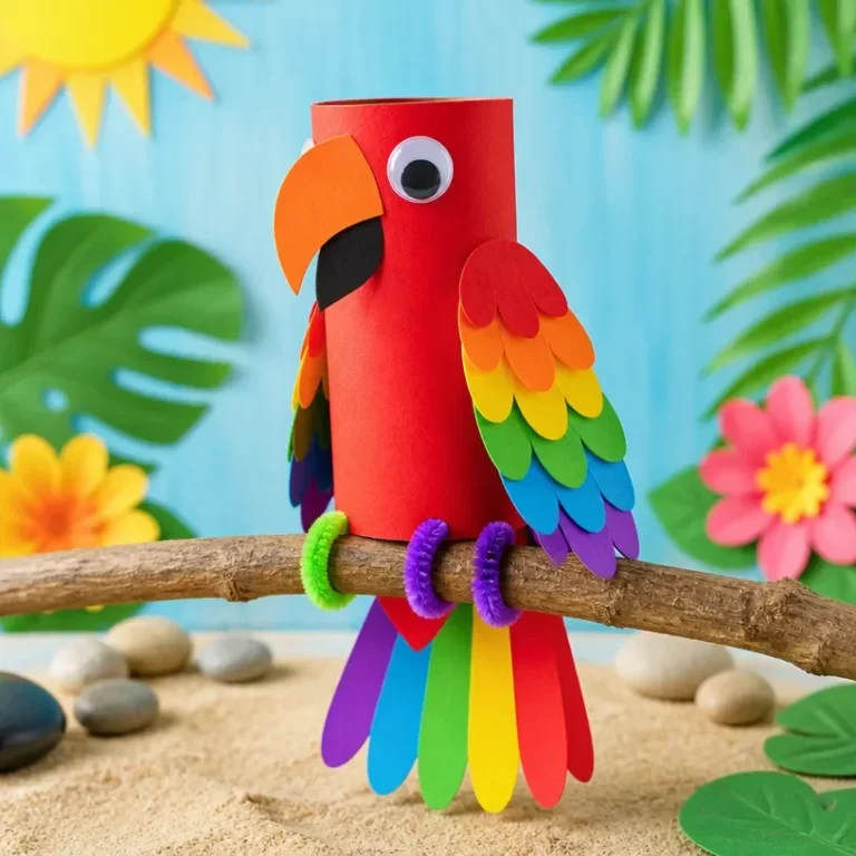 Colorful tropical bird crafts for kids showcasing creativity and fun activities.