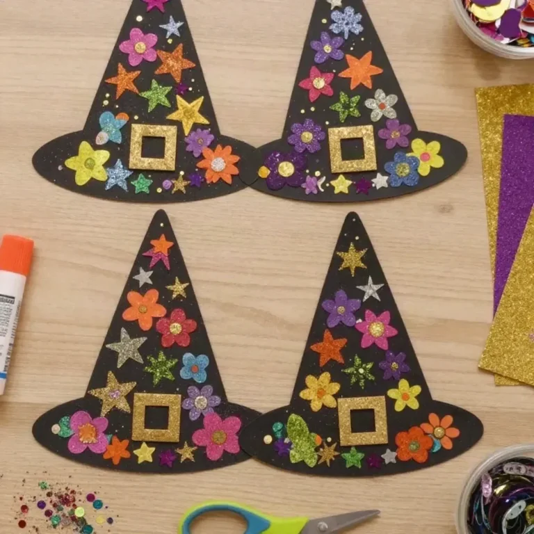Kids creating a colorful Witch Hat Collage craft for Halloween fun.