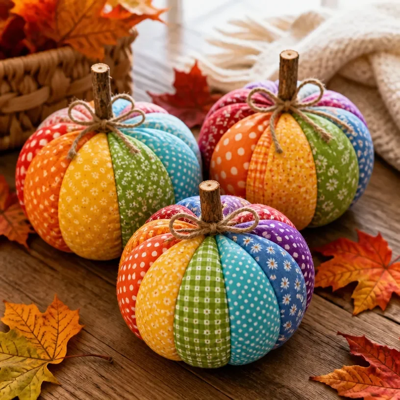 Colorful DIY rainbow pumpkins made from patchwork fabric for fall decoration.