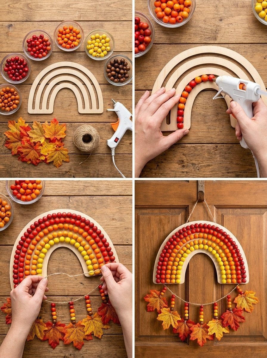 DIY Rainbow Fall Door Hanger With Beaded Leaves