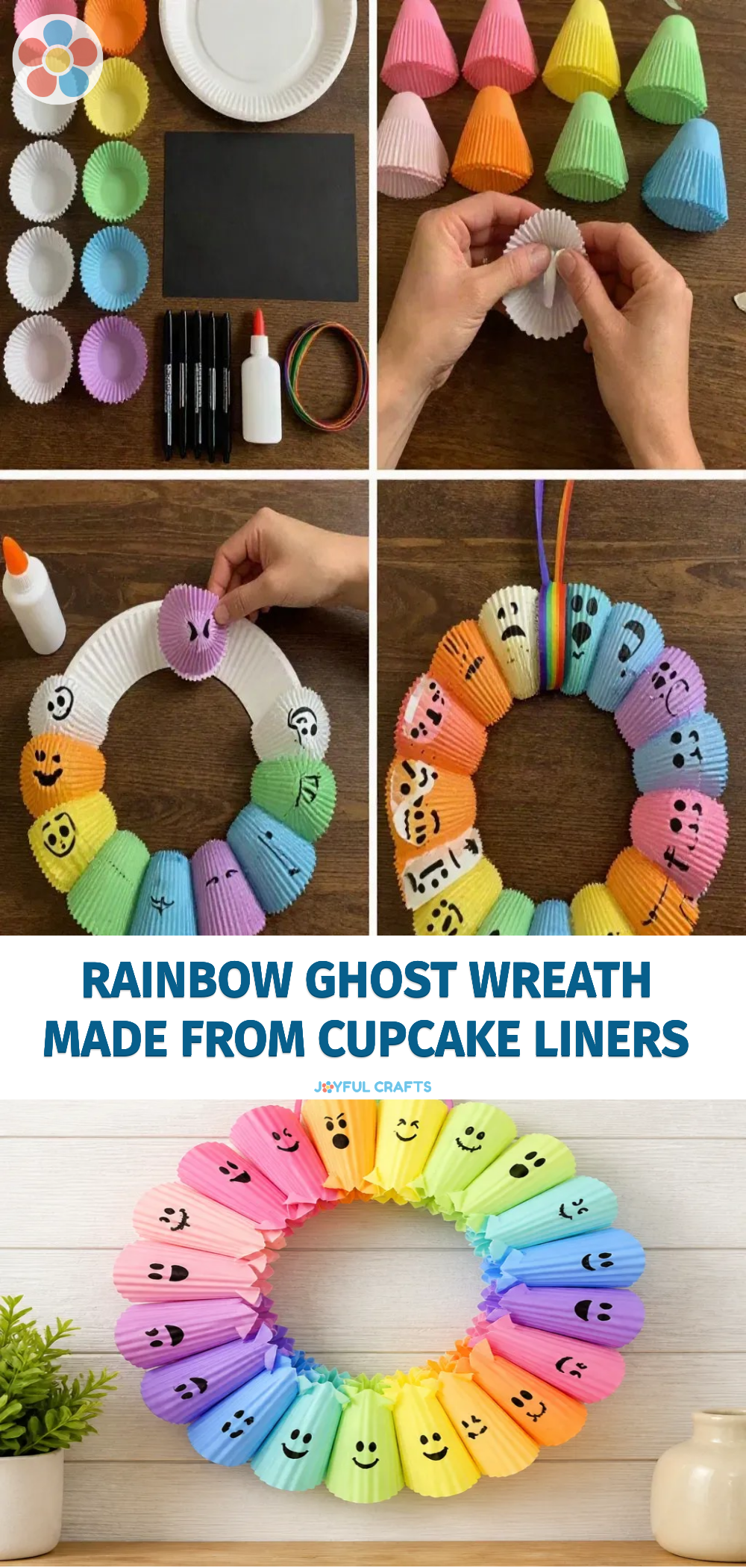 Rainbow Ghost Wreath Made From Cupcake Liners