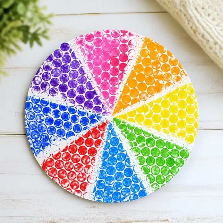 Children creating textured pinwheel paintings using bubble wrap art